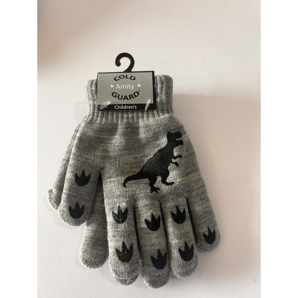 Amity Cold Guard Boys Dinosaur‎ Black & Gray Fashion Knit Gloves 5.5" New